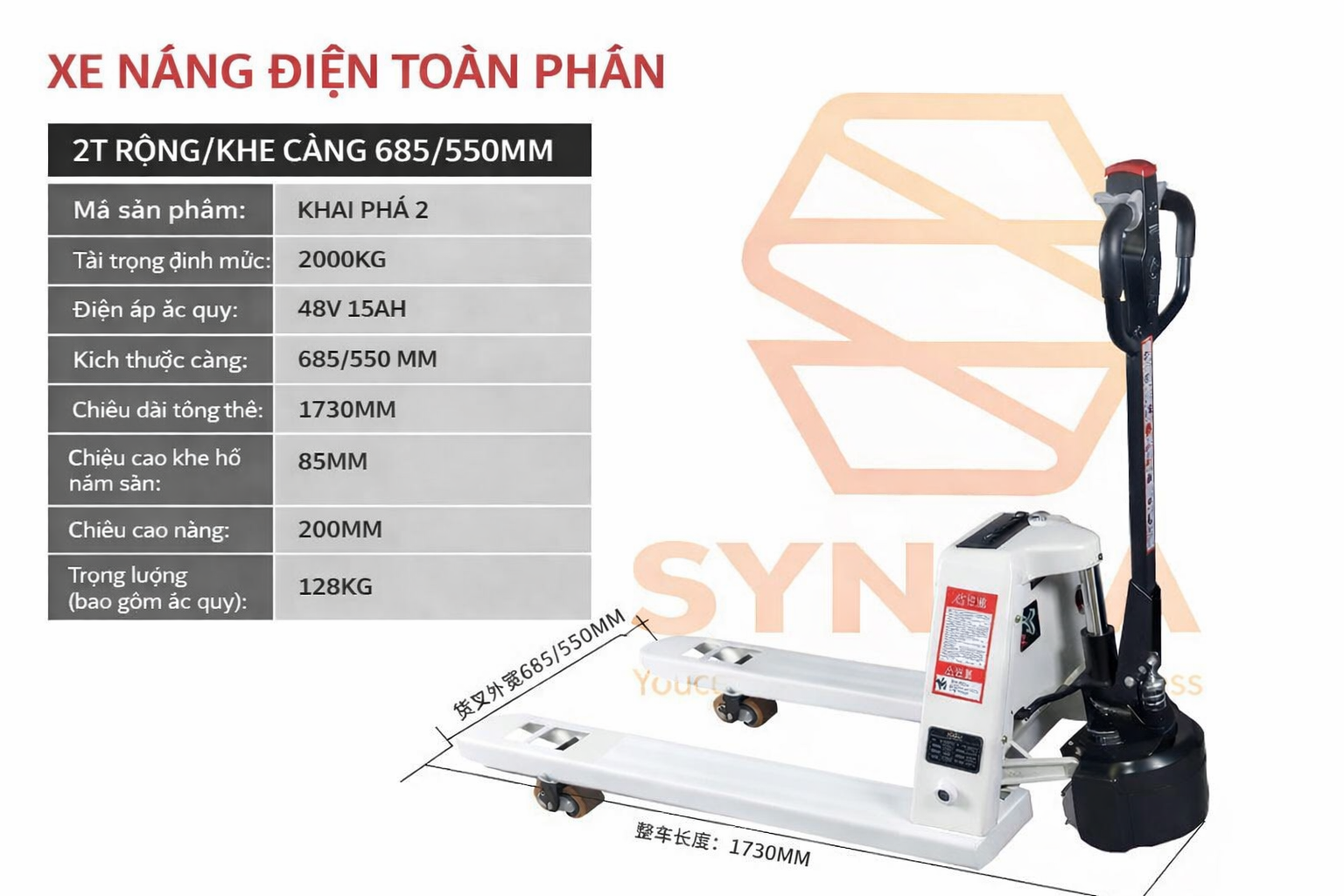Xe Nâng Tay Điện 2 Tấn Pin Lithium